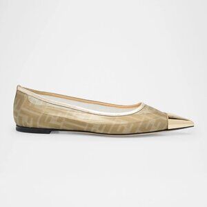 FENDI Colibri Ballerina FF Logo Mesh Pointed Cap Toe Ballet Flats Shoes